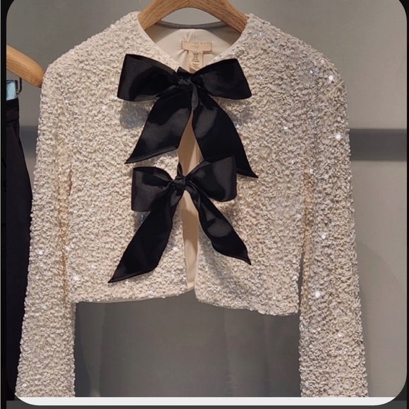 H&M viral bloggers fav white sequin black bow ribbon tie front cardigan / blouse - Picture 3 of 13